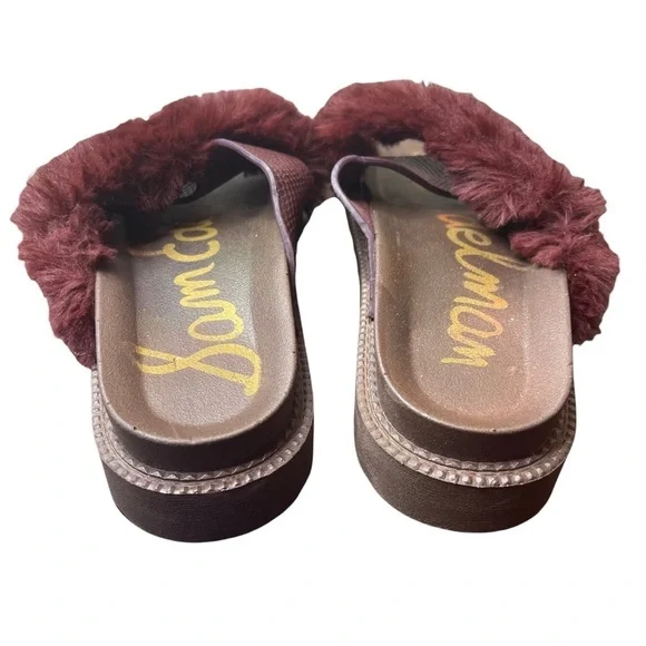 Sam Edelman Bianca Women Leather Vegan Fur Burgundy Leather‎ Platform Sandals - Picture 5 of 6